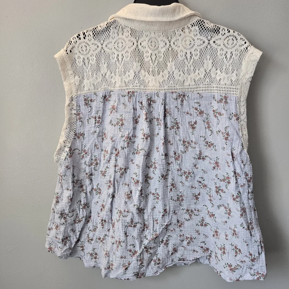 Pol Floral Button Down Sleeveless Womens Medium Top Gauze Blue Boho Crochet Lace - Picture 2 of 4